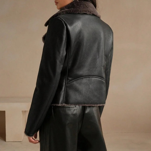 Black Casual Women's Faux Leather Composite Collar Jacket - Picture 5 of 7